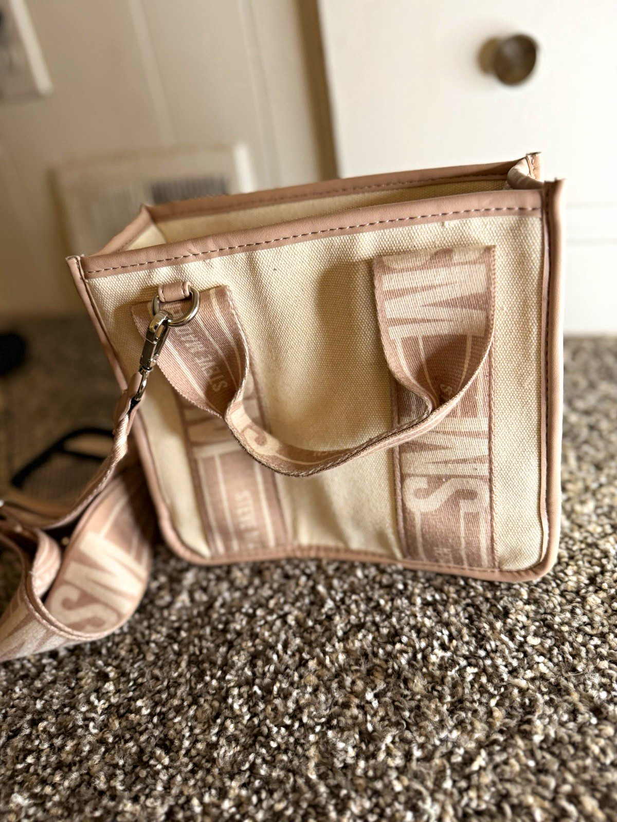Steve Madden Beige Logo Small Satchel Top Handle Bag w/ Detachable Strap