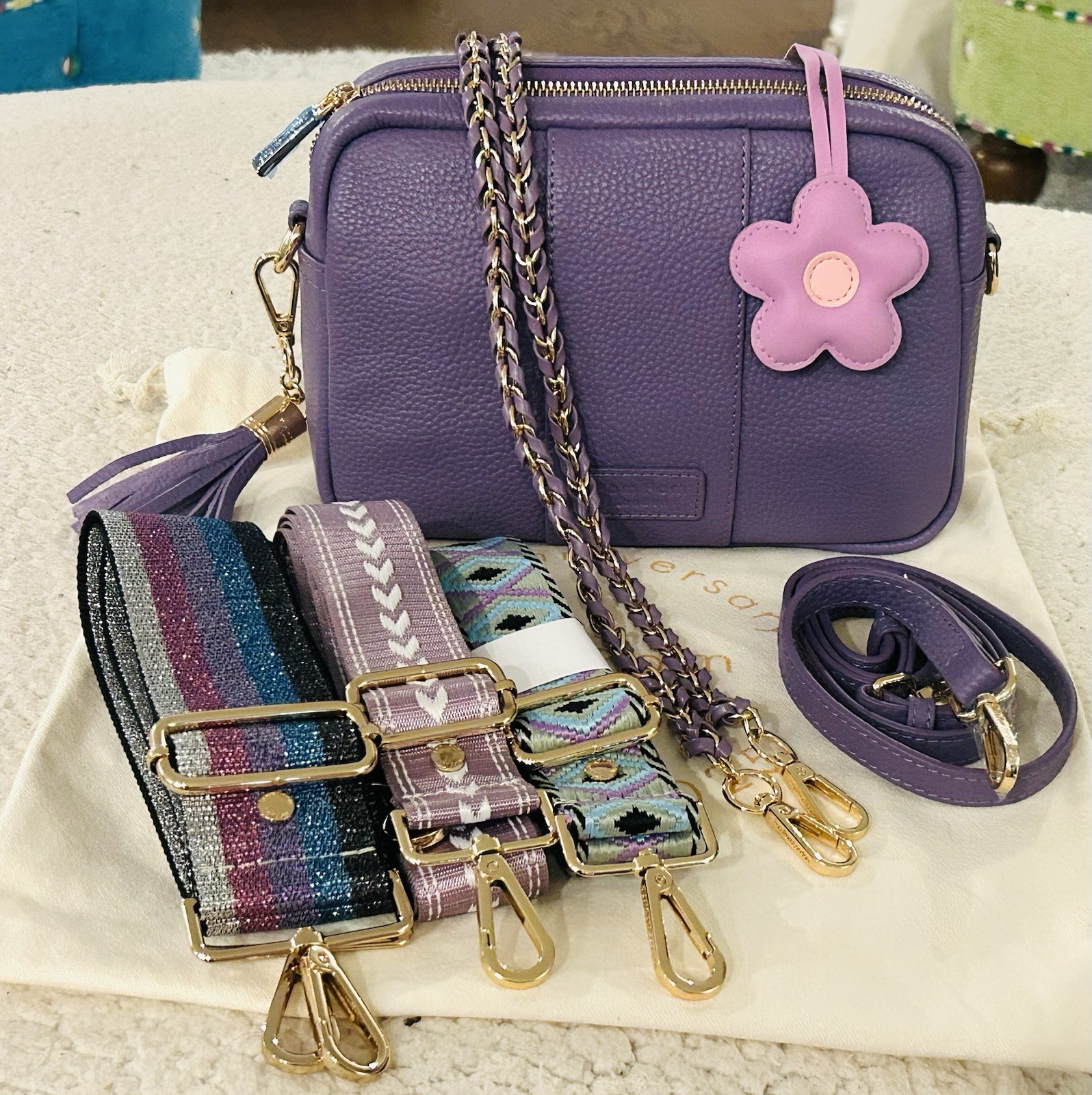 Pom Pom London FRENCH LAVENDER City Bundle 5 Straps, Tassel & Flower charm NWT💜