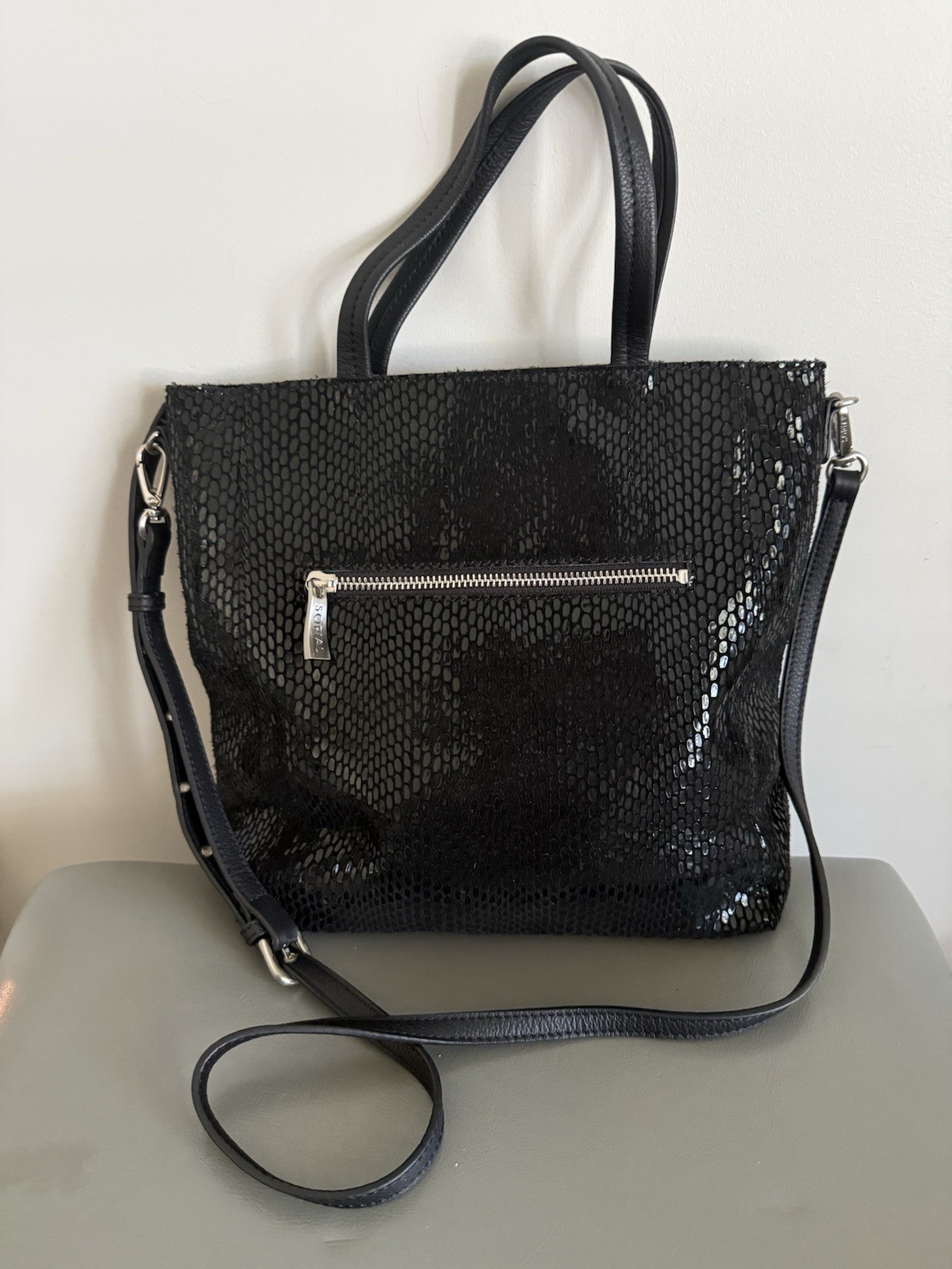 Sorial Black Embossed Snake Print Tote Bag Large Patent Reptile Texture