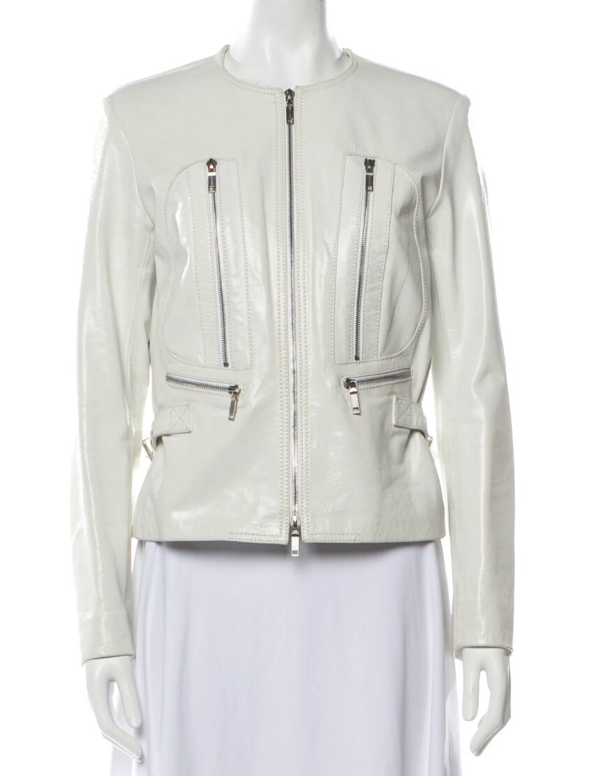 Vintage 1990s-2000s Celine White Leather Jacket (Size US 8, FR 40), Y2K Style