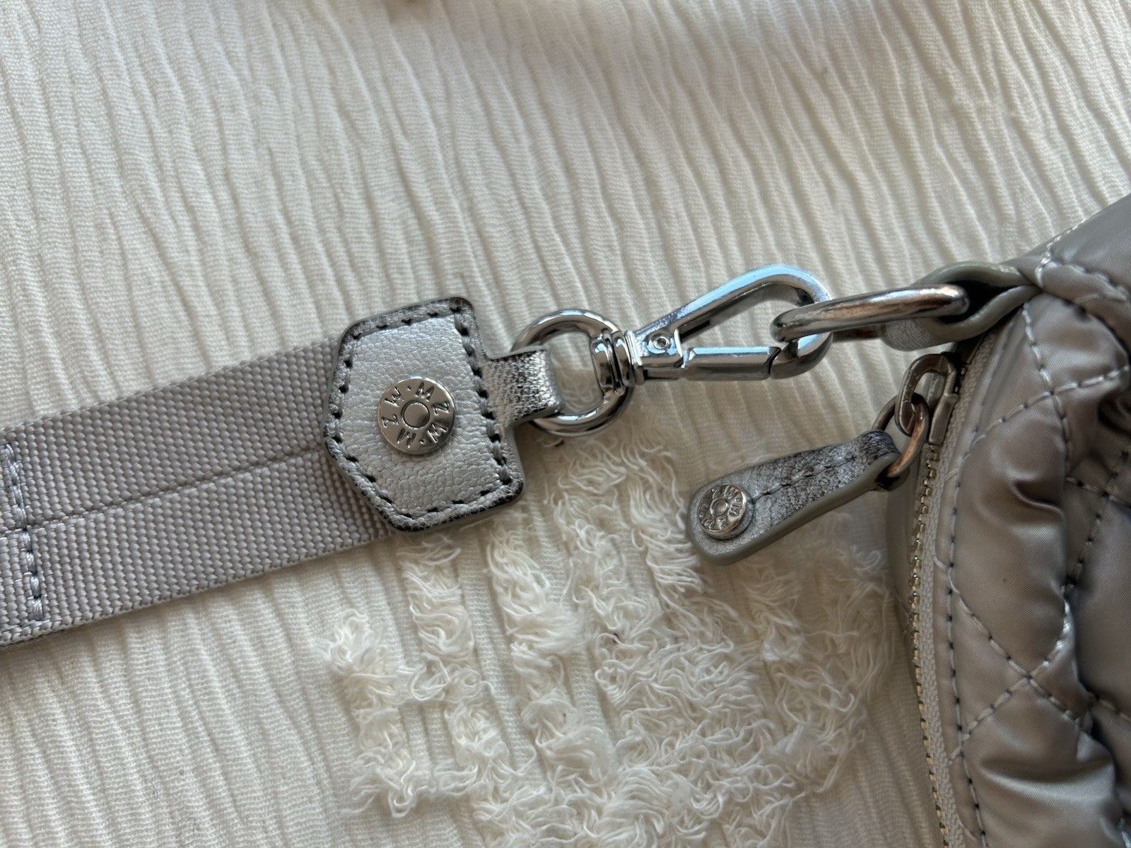 MZ Wallace Nylon Quilted Mini Crosby Crossbody Bag Metallic Light Gray