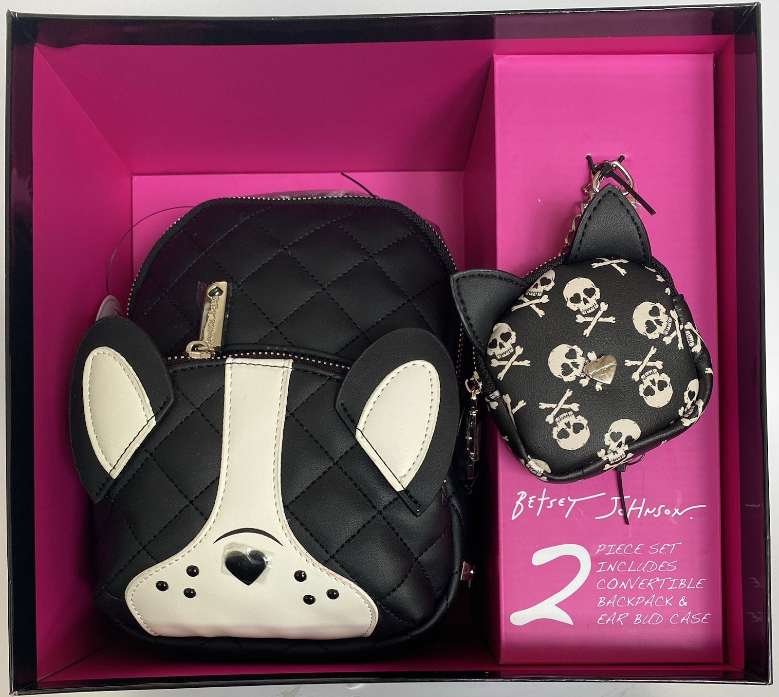 Betsey Johnson Convertible Backpack + Ear Bud Case, Black/White Dog & Skulls