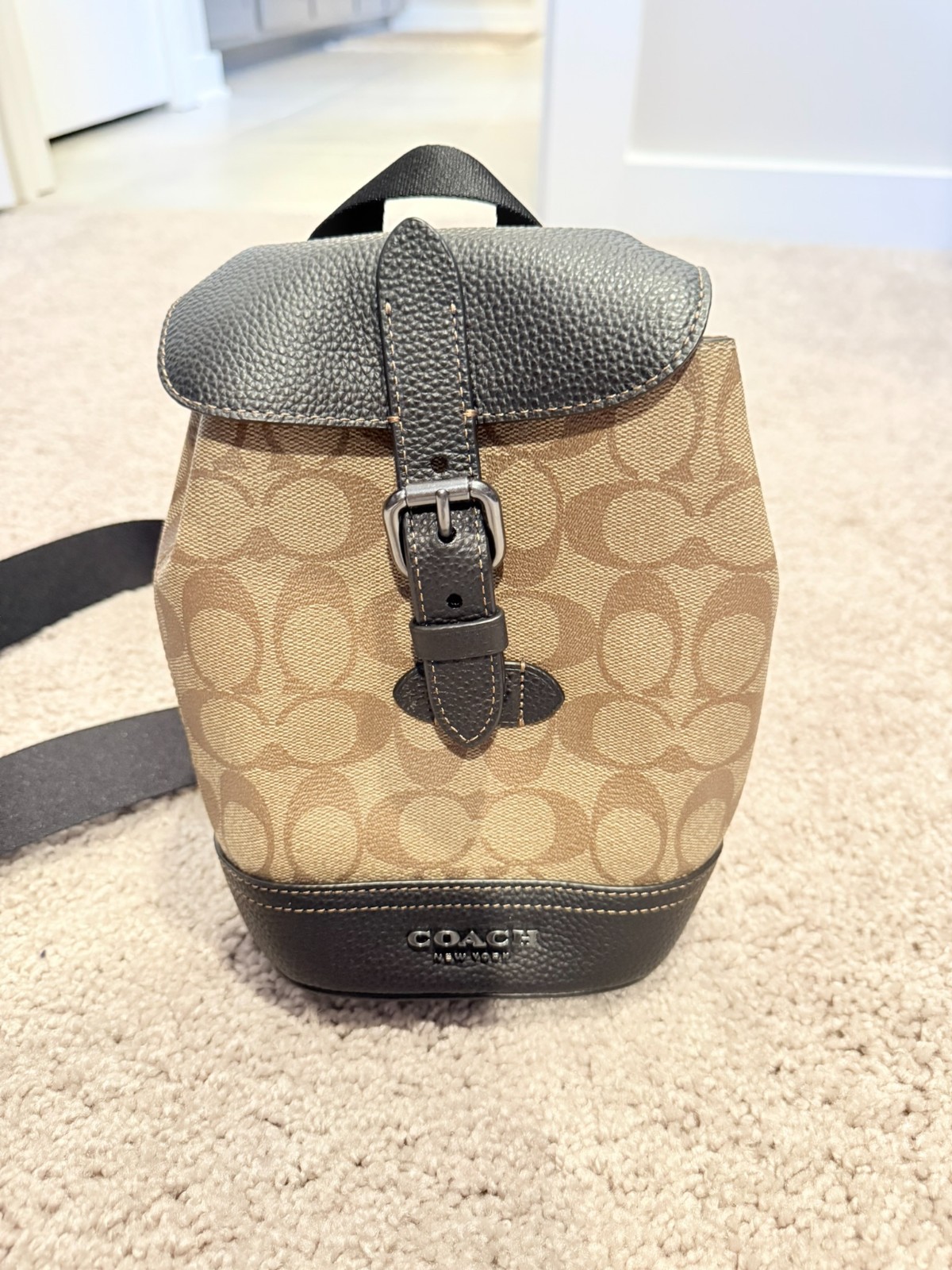 Coach Hudson Small Backpack Signature Canvas Khaki Black Crossbody Sling