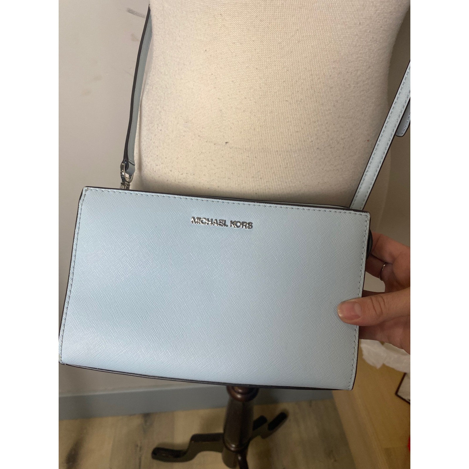 Michael Kors Light Blue Saffiano Leather Crossbody Bag Silver Logo Purse