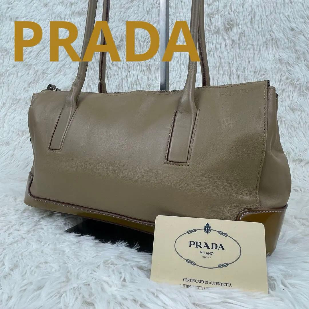 PRADA Archive Leather Shoulder Bag Beige Patent Leather Trim Vintage Y2K Authent