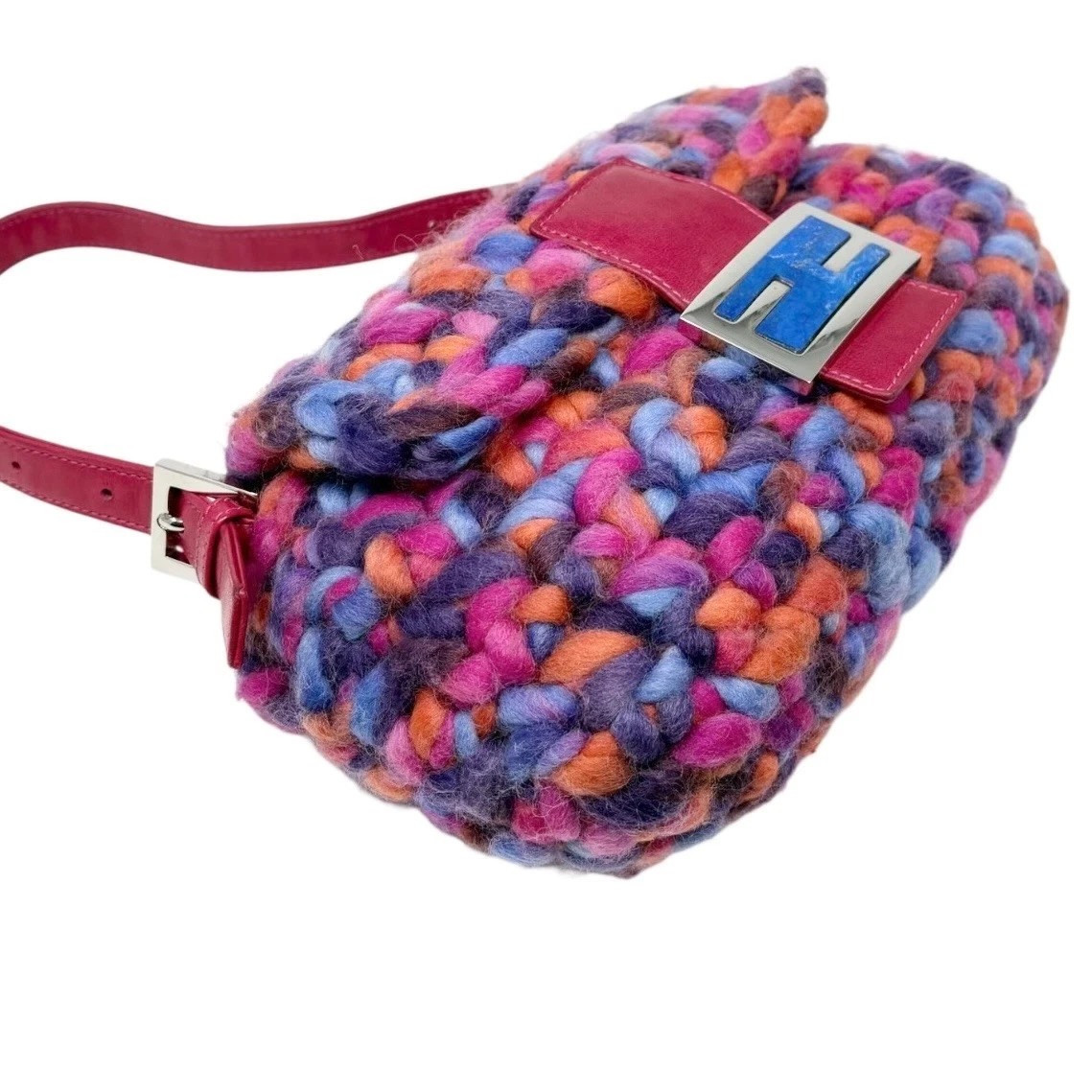 Fendi Multicolor Knitted Crochet Wool Baguette Pink Leather Strap Authentic