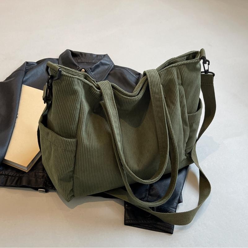 Women’s Corduroy Tote Bag Casual Multi Pocket Handbag Adjustable Crossbody