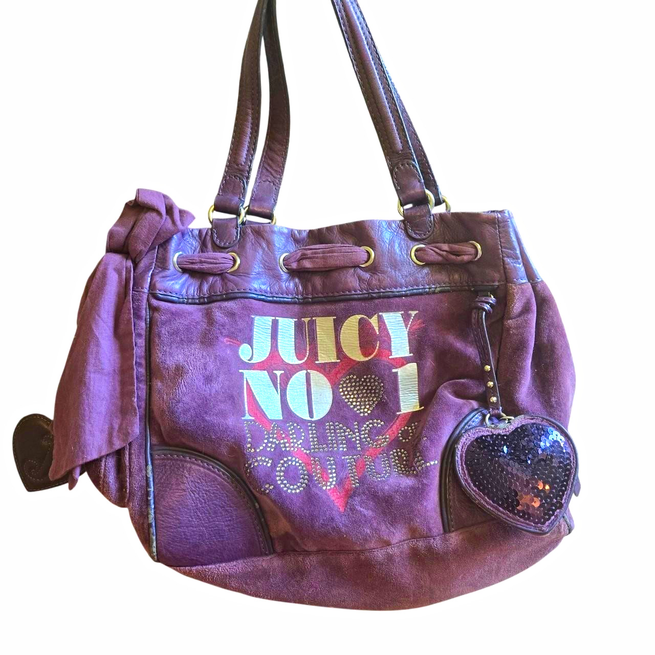 Juicy Couture Purple Tote Bag Heart Charm Zip Closure Logo Pattern Gold