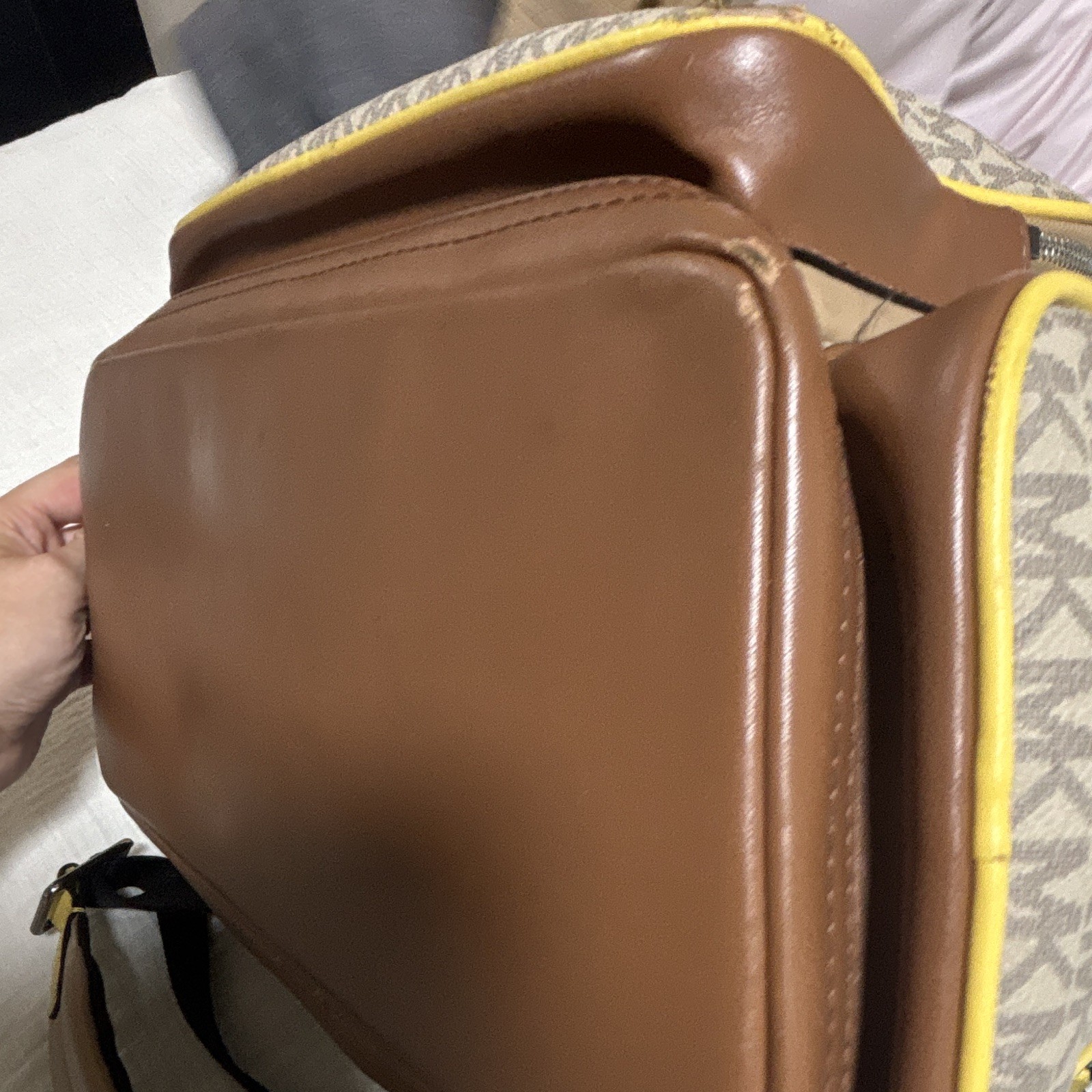 Michael Kors Monogram Backpack Beige Brown Yellow Drawstring Buckle Gold HW