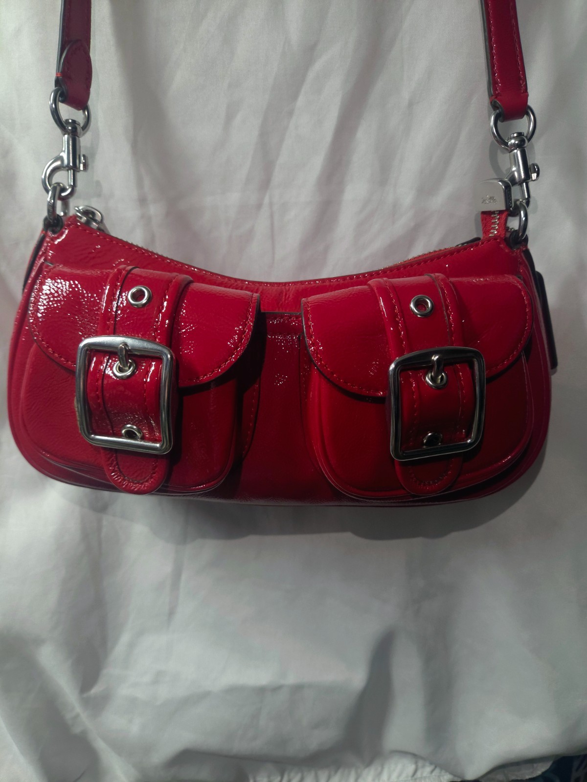 Coach Ashton Baguette In Red Patent Leather &:Silver CV943 mint Condition NWOT