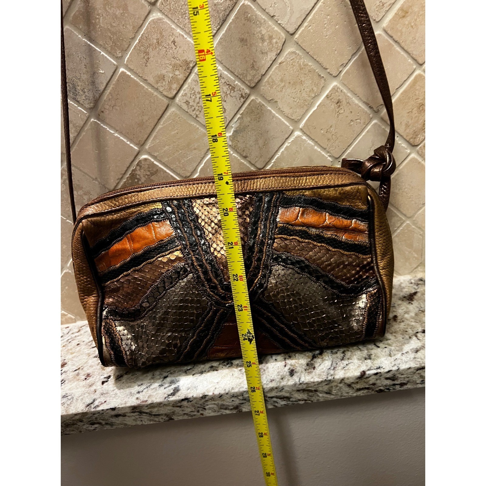 Carlos Falchi Mixed Exotic Skin Patchwork Crossbody Metallic Bronze Python VTG