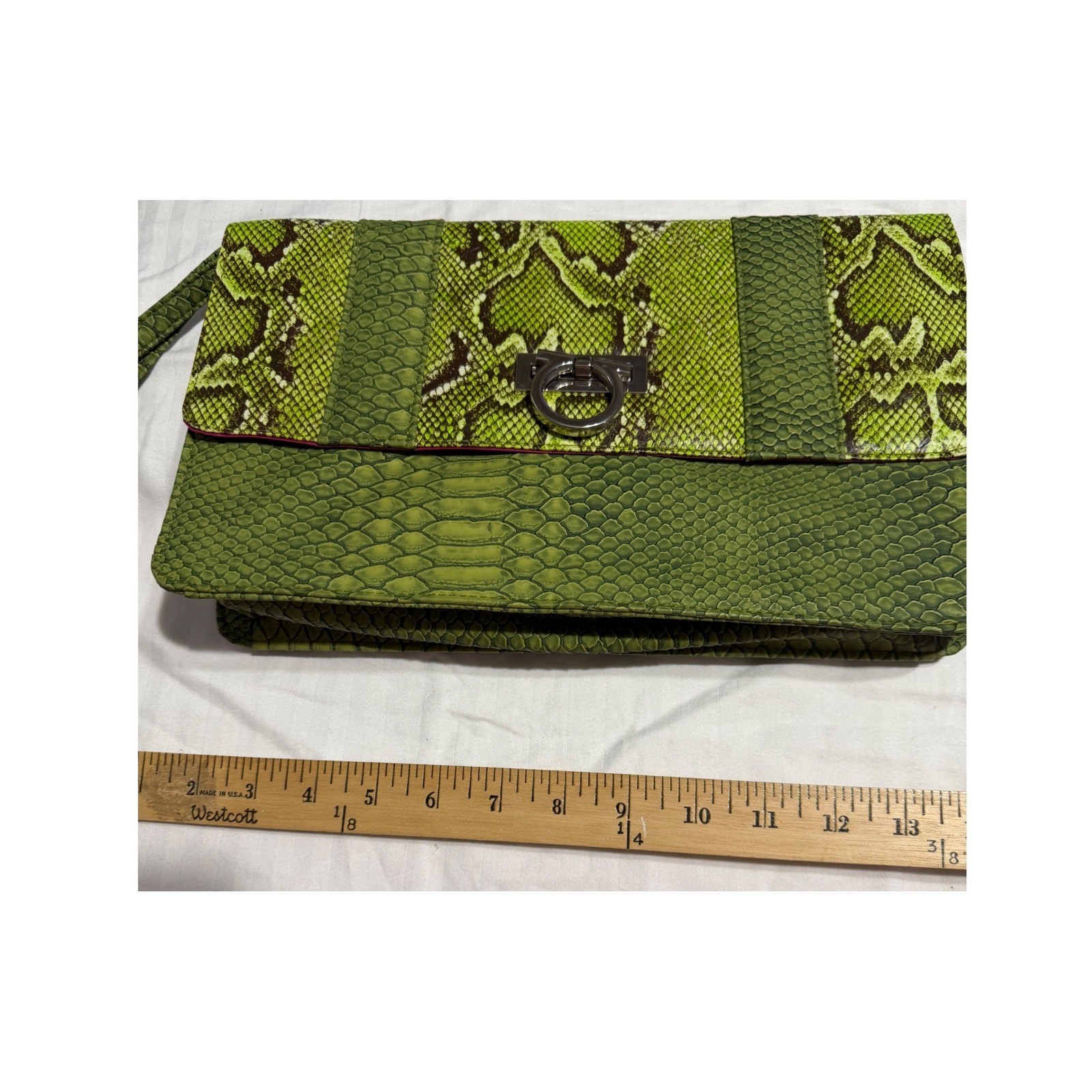 Snakeskin Print Clutch Womens Green Pink Gancini Style Hardware Large