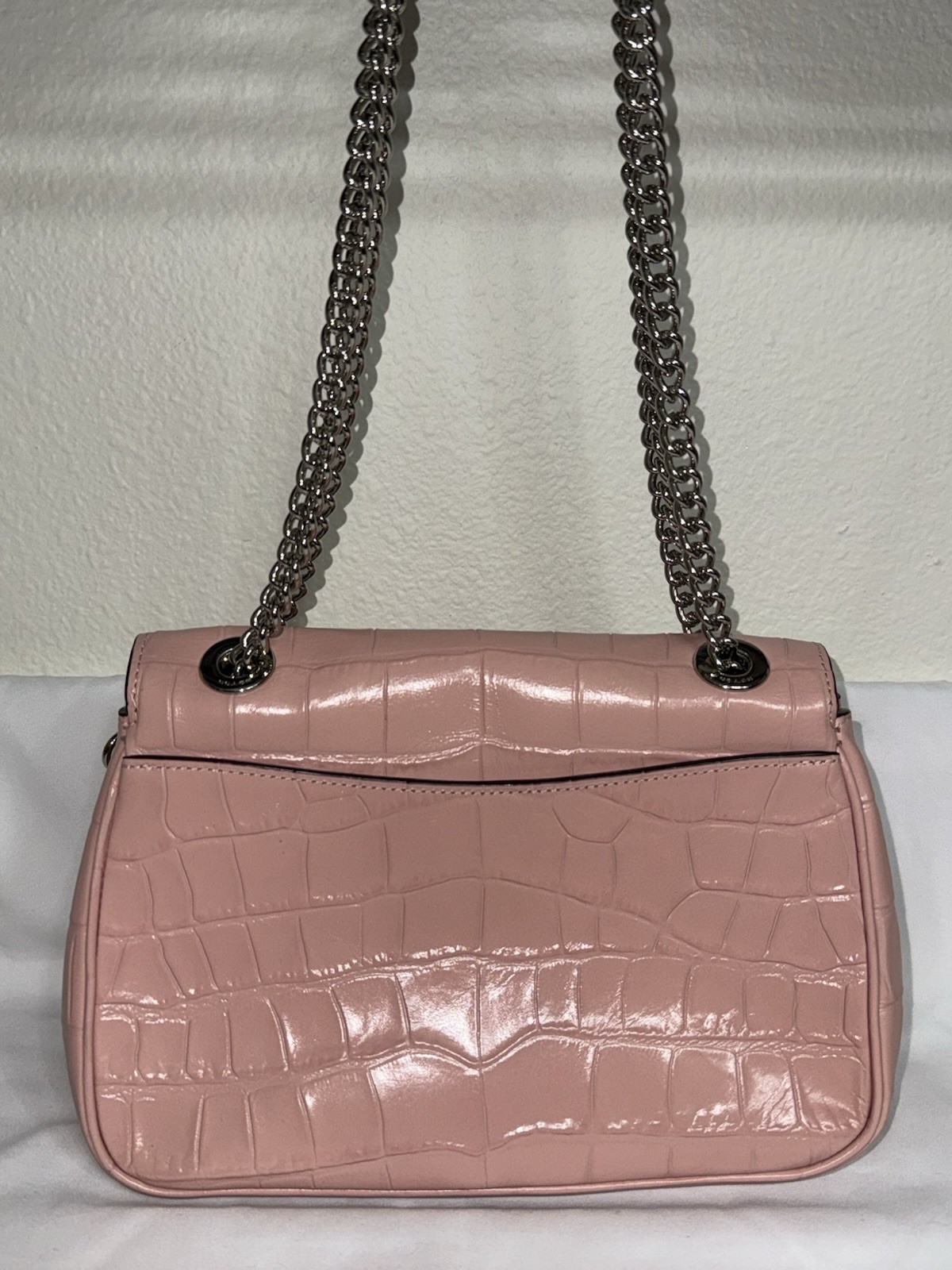 Coach Pink Hutton Croc Embossed Shoulder Bag Silver Chain Strap Turn Lock