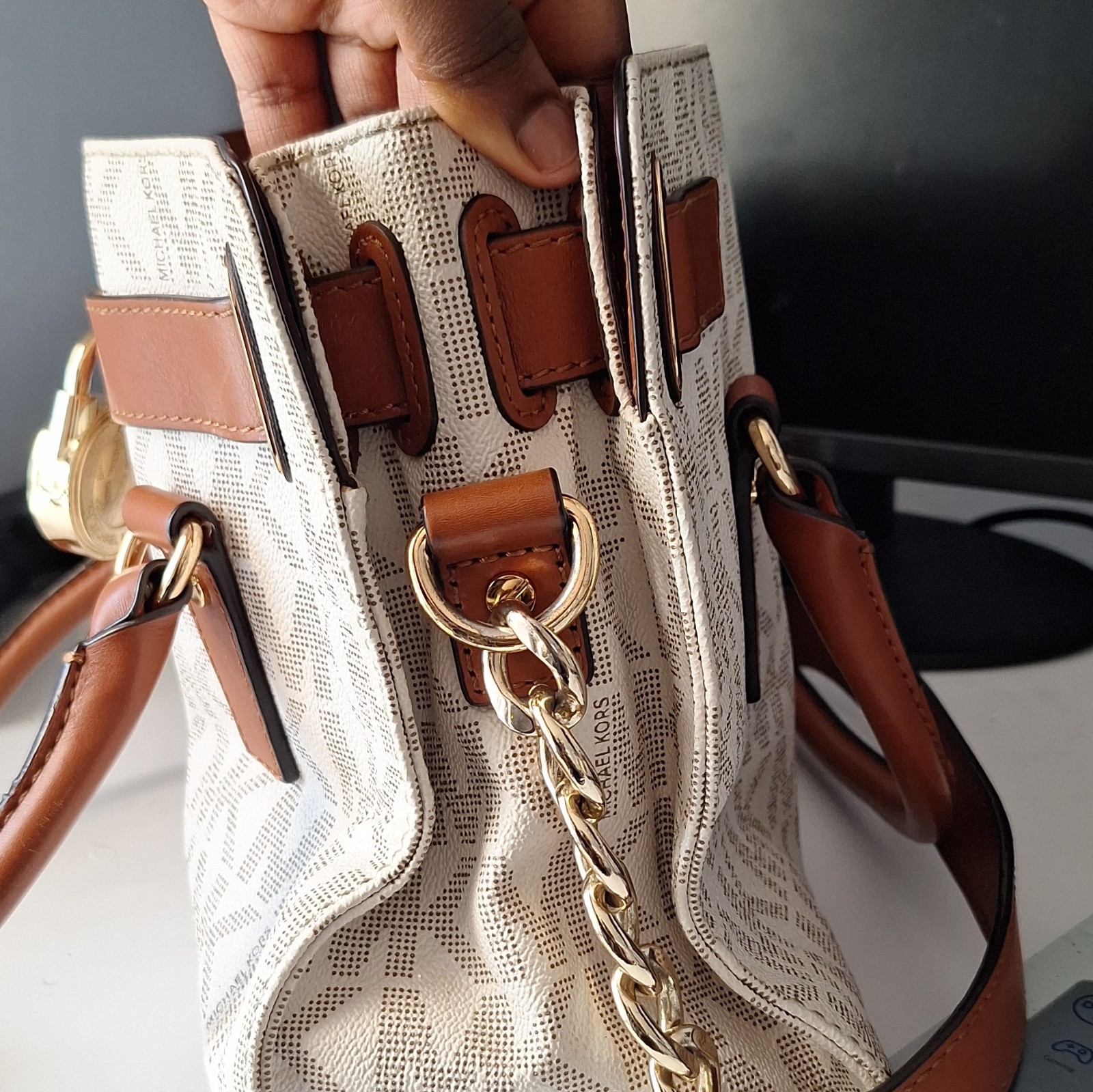 Michael Kors Logo Satchel Top Handle Bag Beige/Brown, Zip Closure, Gold Hardware
