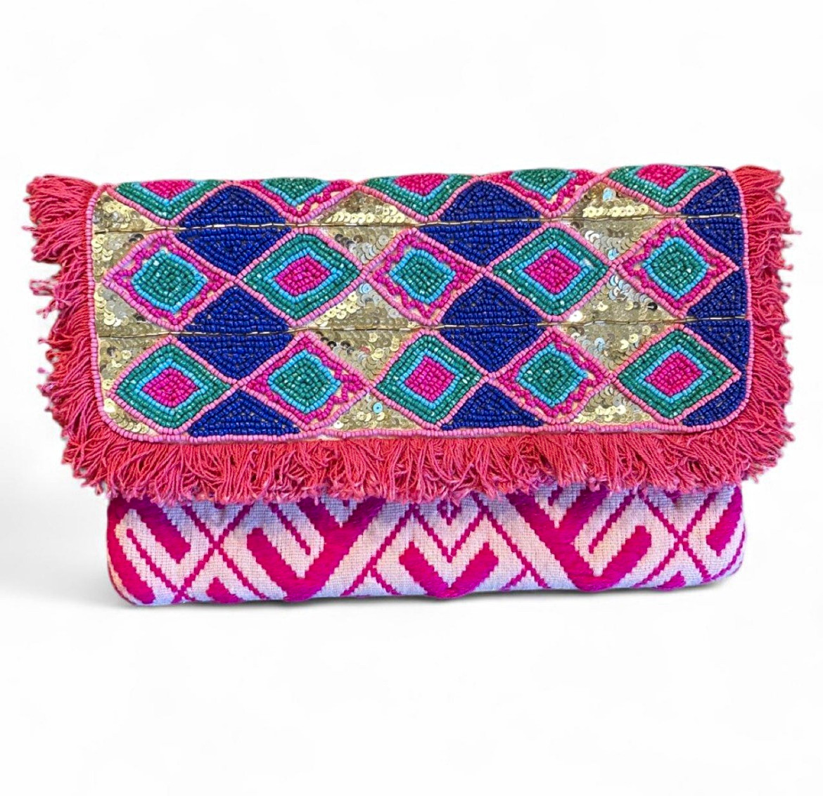Glass Beaded Fringe Geometric Flap Shoulder Bag Gold Chain Strap Made In India