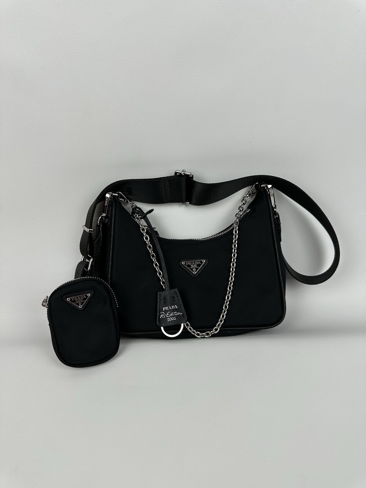 PRADA Re-Edition 2005 Black Nylon Shoulder Bag Chain Crossbody Pouch