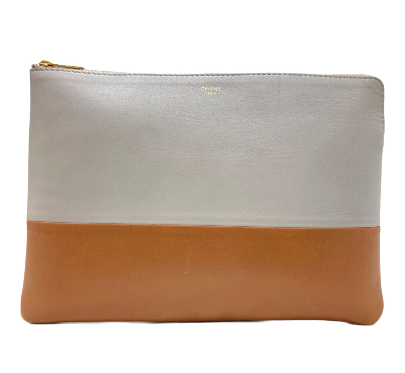 CELINE Leather Clutch Bag Gray Brown Bi Color Pouch W9.4 x H6.7 in Italy