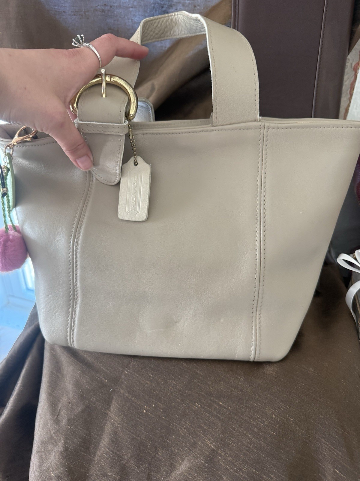 Coach Beige Medium Tote Bag, Top Handles, Hang Tag/Charm, Gold Hardware