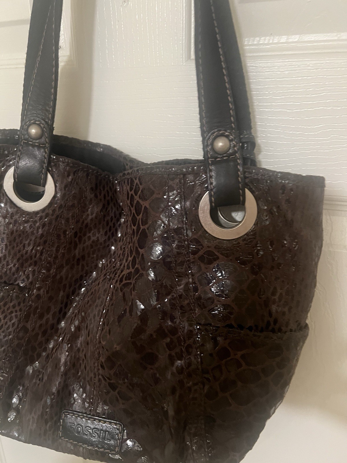Fossil Hathaway tote Y2K bag, brown, shiny snakeskin print leather,BohoChic