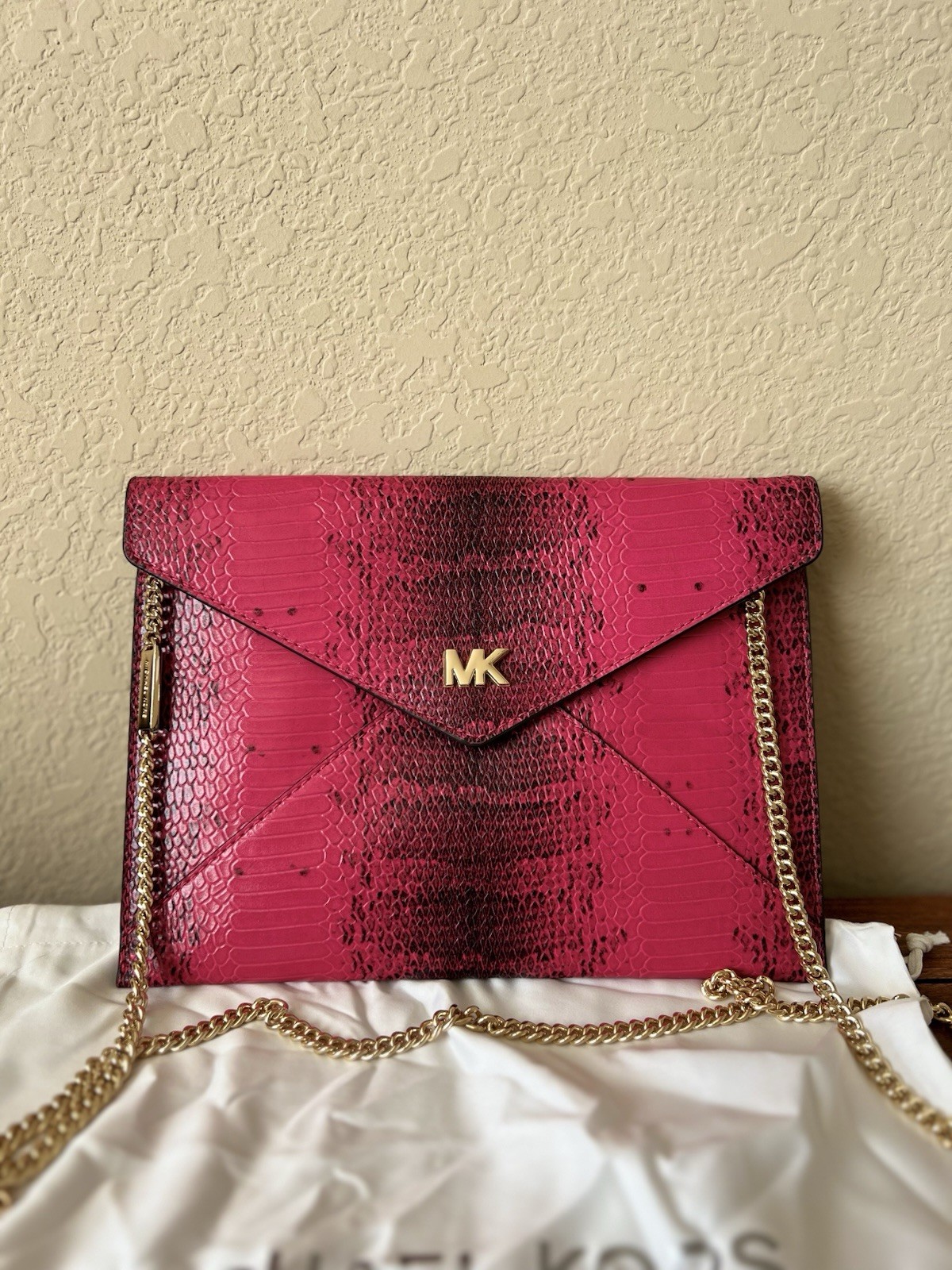 Michael Michael Kors Barbara Medium Envelope Clutch Embossed Leather Ultra Pink