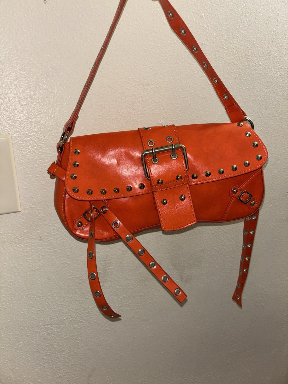 Orange Studded Shoulder Bag Buckle Flap Closure Adjustable Strap Silver