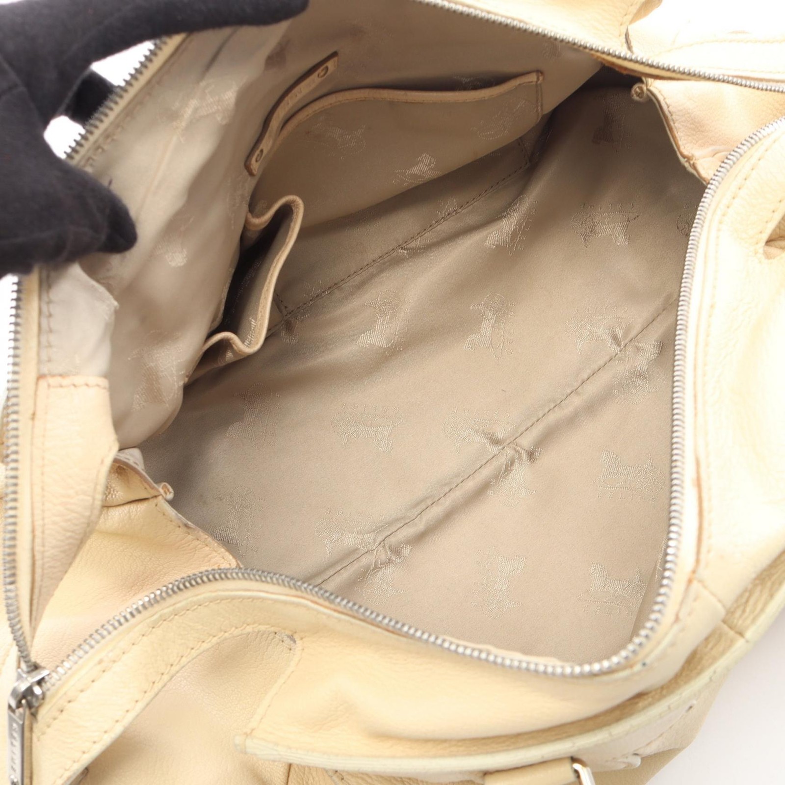CELINE Logo Shoulder Handbag leather Beige Used Women