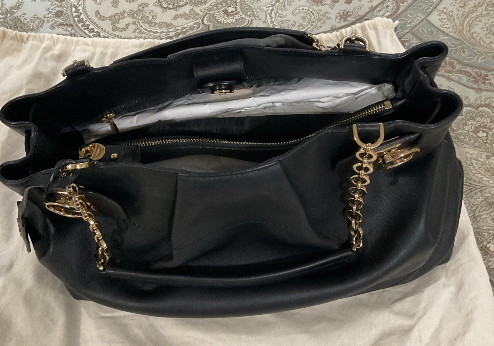 ferragamo Gancini Black Leather Shoulder Bag W Gold Hardwear In Dust Bag