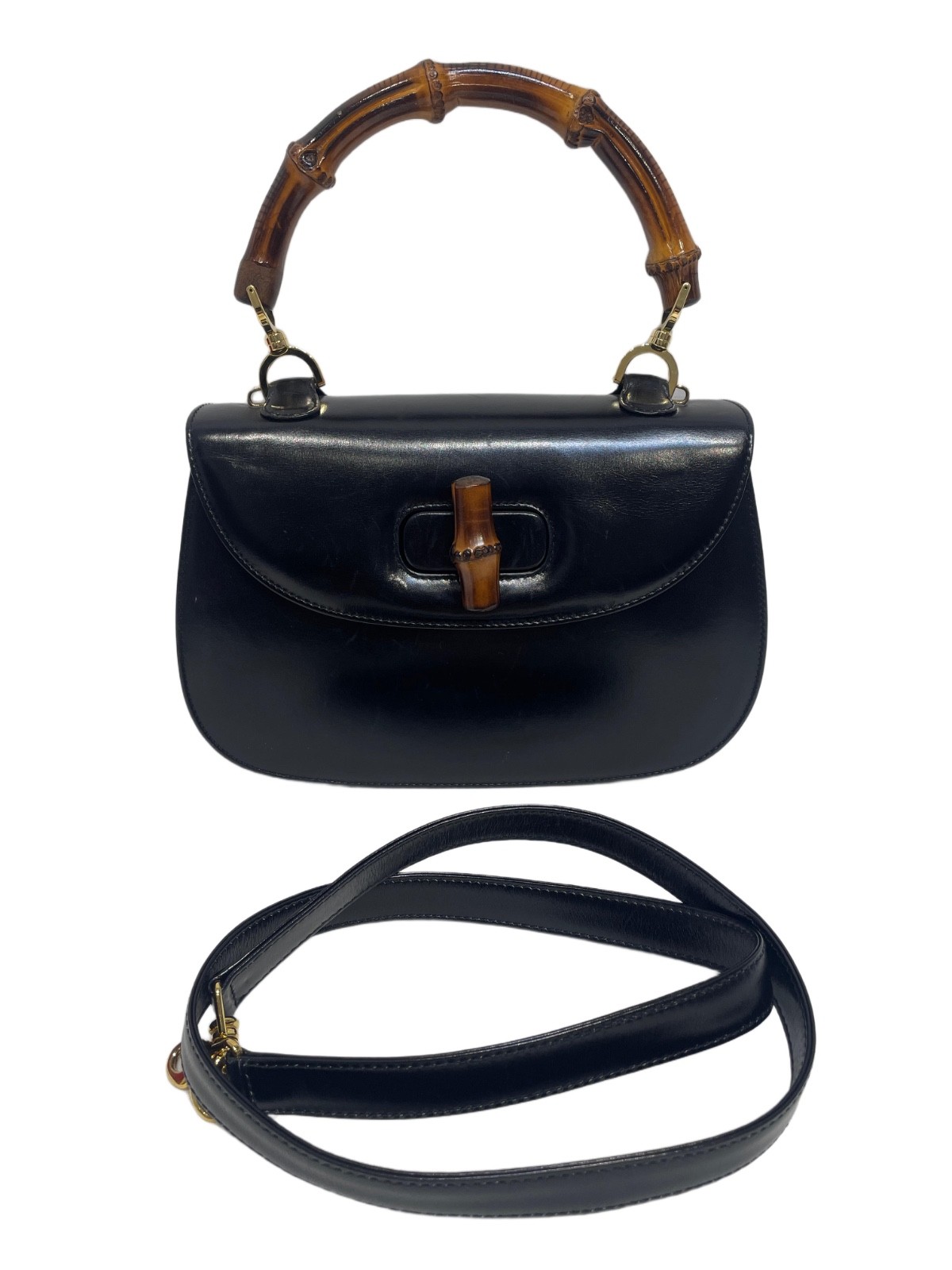 Authentic Gucci Bamboo 1947 Small Top Handle Shoulder Bag Black Leather Used