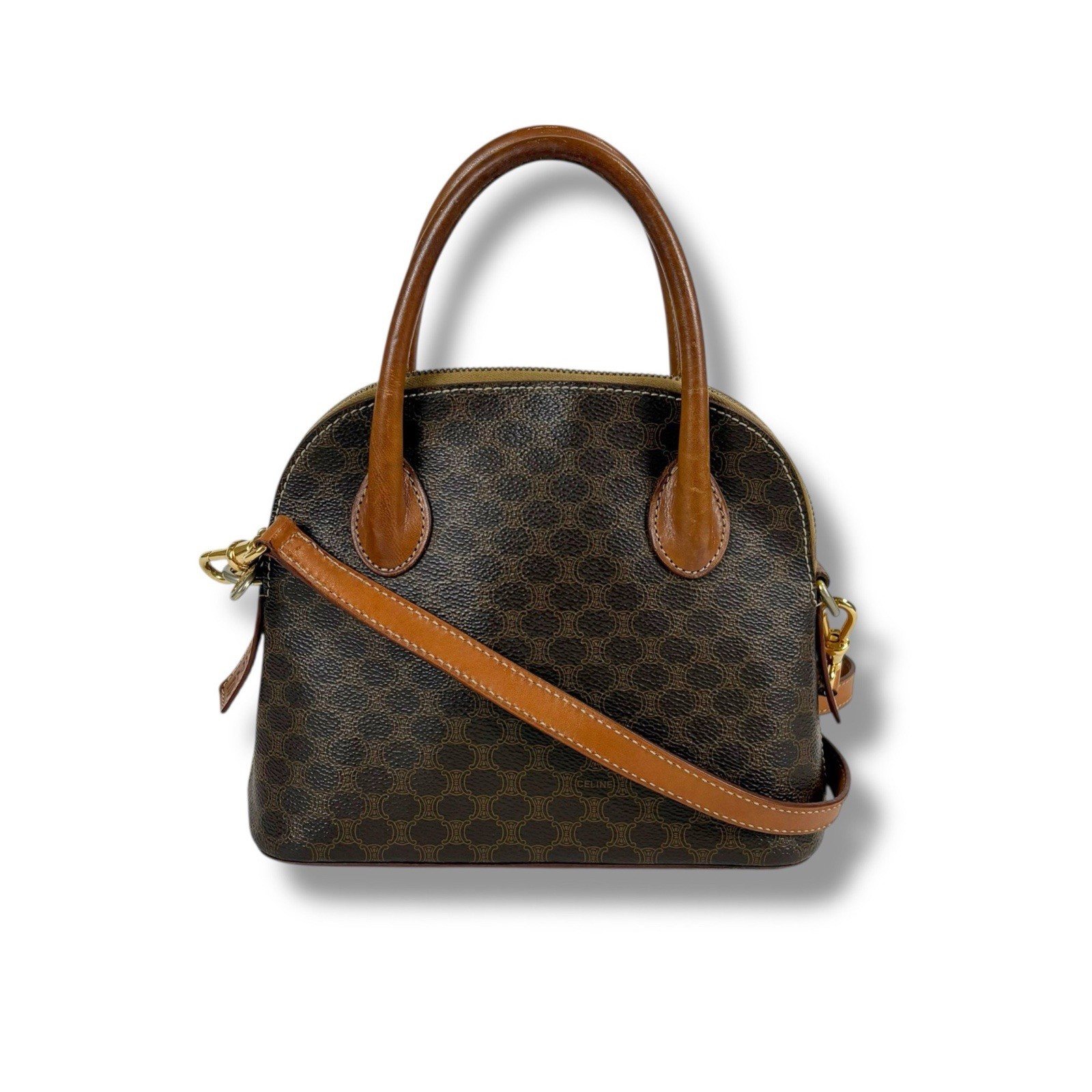 CELINE Triomphe Crossbody Bag Mini Tan Canvas Leather Macadam Brown Authentic