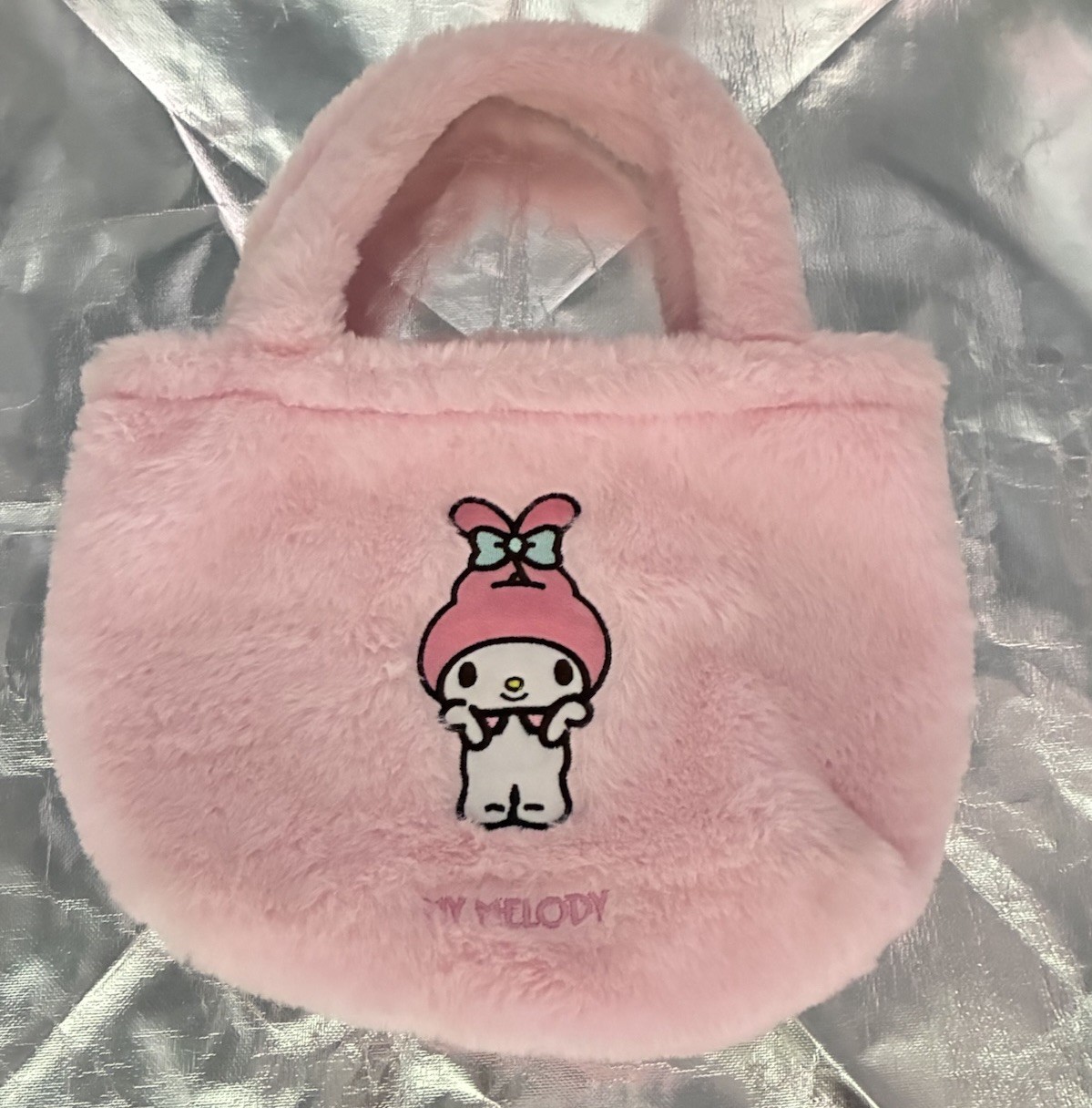 Sanrio My Melody Plush Faux Fur Small Purse Tote Bag Pink Embroidered