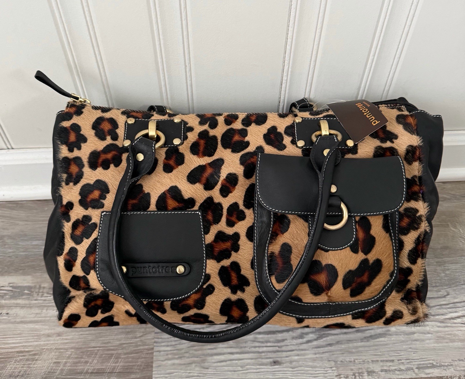 Puntotres Barcelona Genuine Leather Leopard Print Handbag Made in Spain