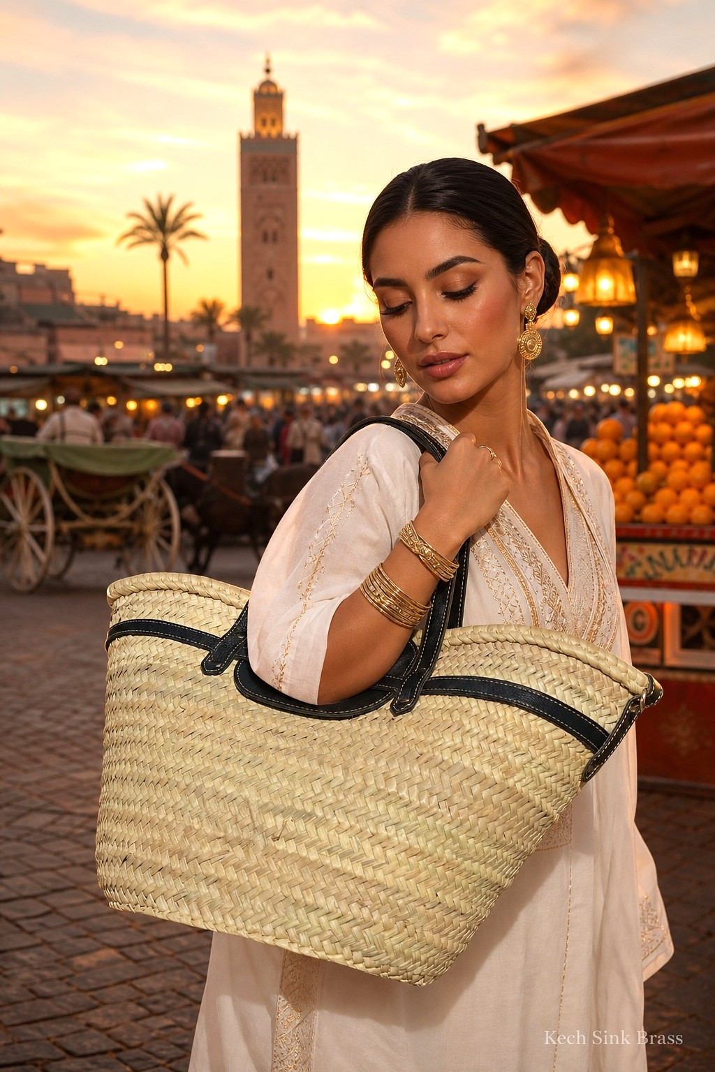 Handmade Large French Straw Basket Bag – Woven Palm Leaf Tote with Leather