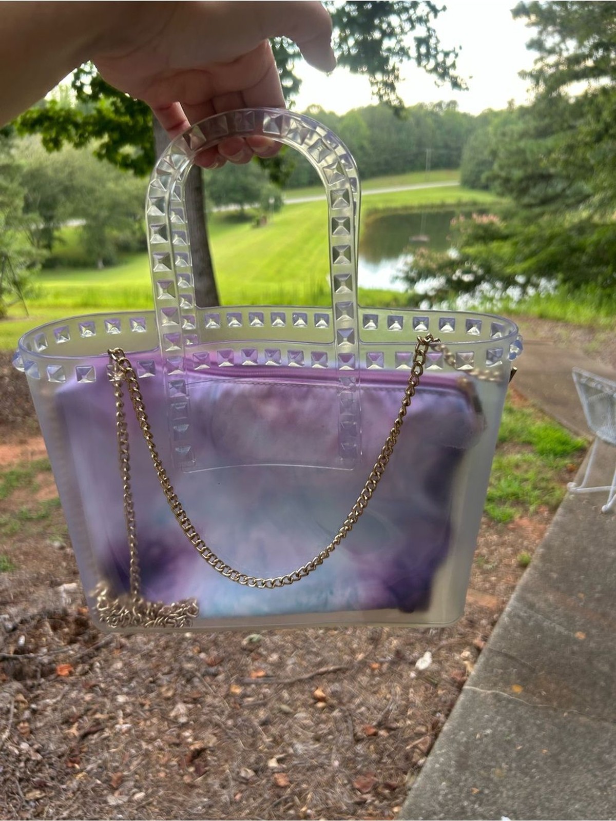 Clear Studded Jelly Tote Bag with Purple Blue Tie-Dye Cosmetic Pouch & Gold Chai