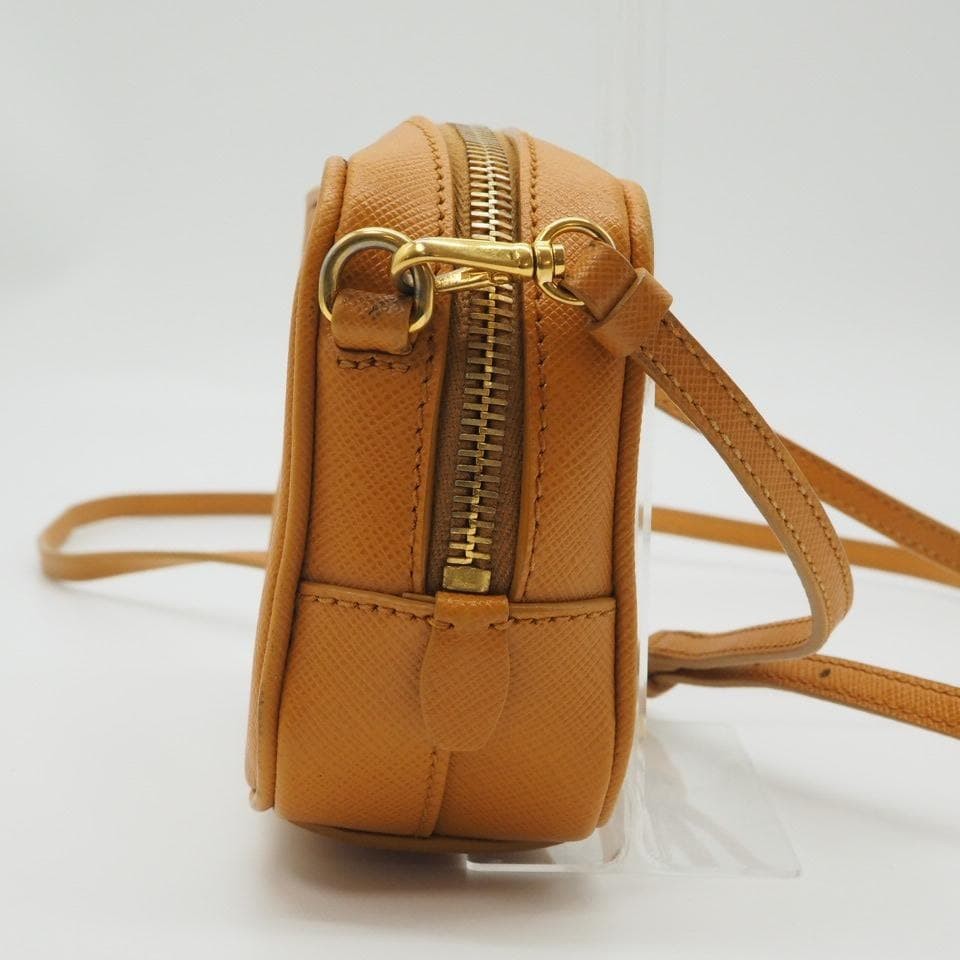 PRADA Saffiano Leather Camera Bag Camel Crossbody Gold Logo USED JP #SH