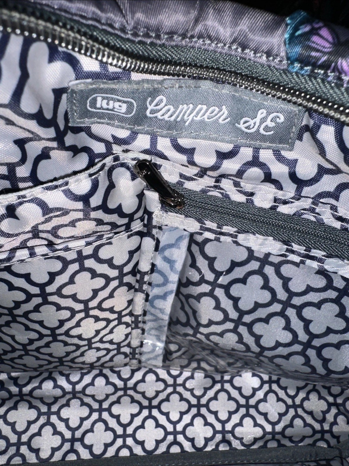 Lug Camper SE Gray Purple Butterfly Design Shoulder Handbag Purse Many Pockets