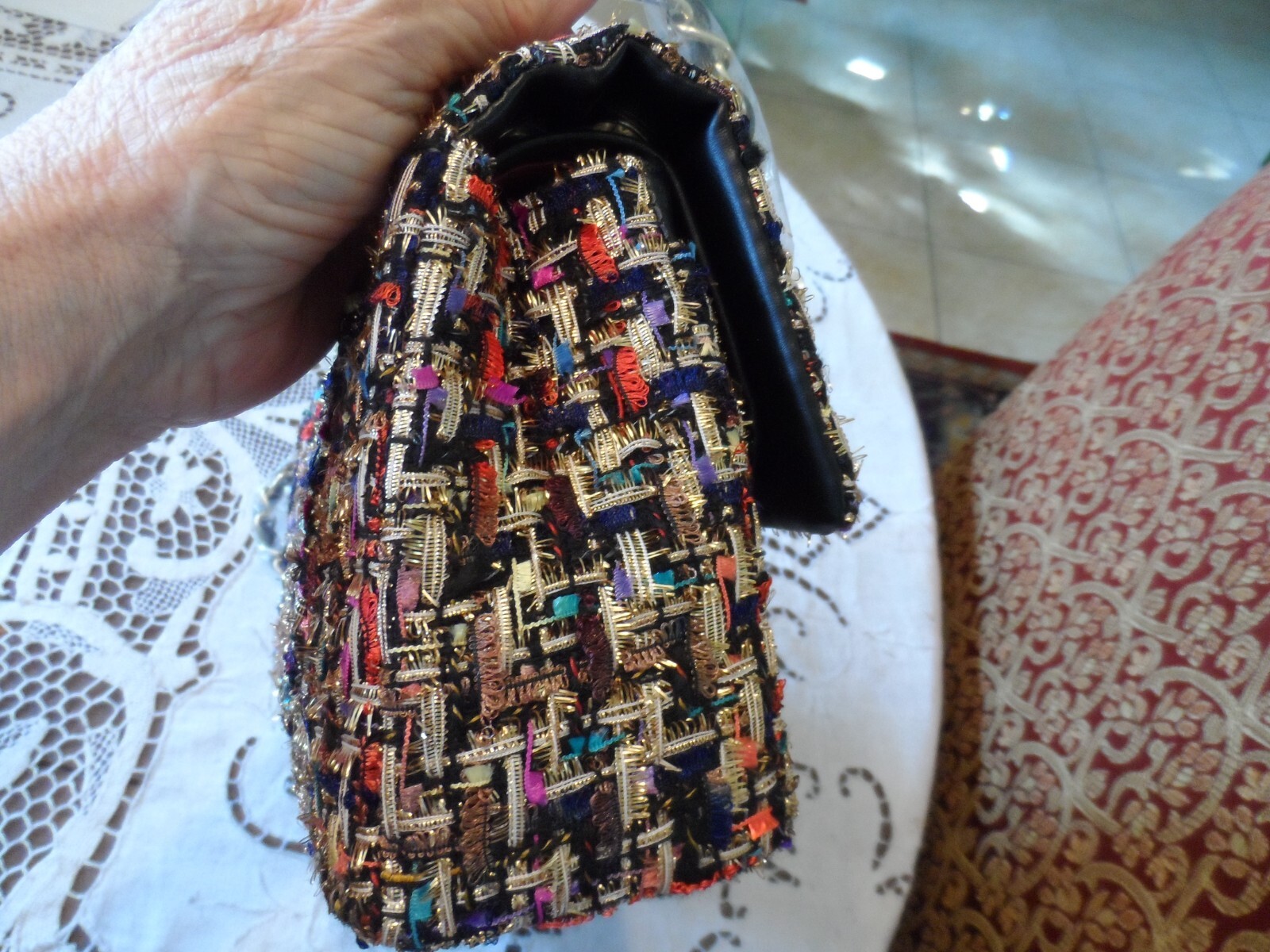 New Un-Branded Black/Red Multi Color Tweed Shoulder Bag w/Front Embellish Medium