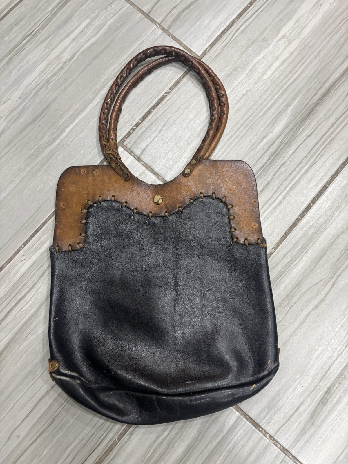 Vintage Leather Boho Handbag Braided Handles Tooled Leather Artisan Tote Purse