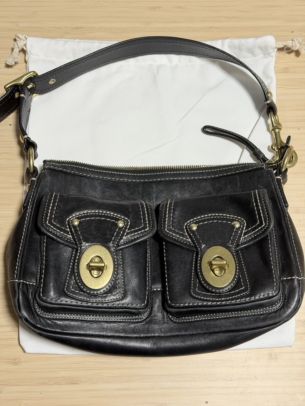 COACH Mandy Legacy Double Turn Lock Shoulder Bag Vintage Purse Black Leather