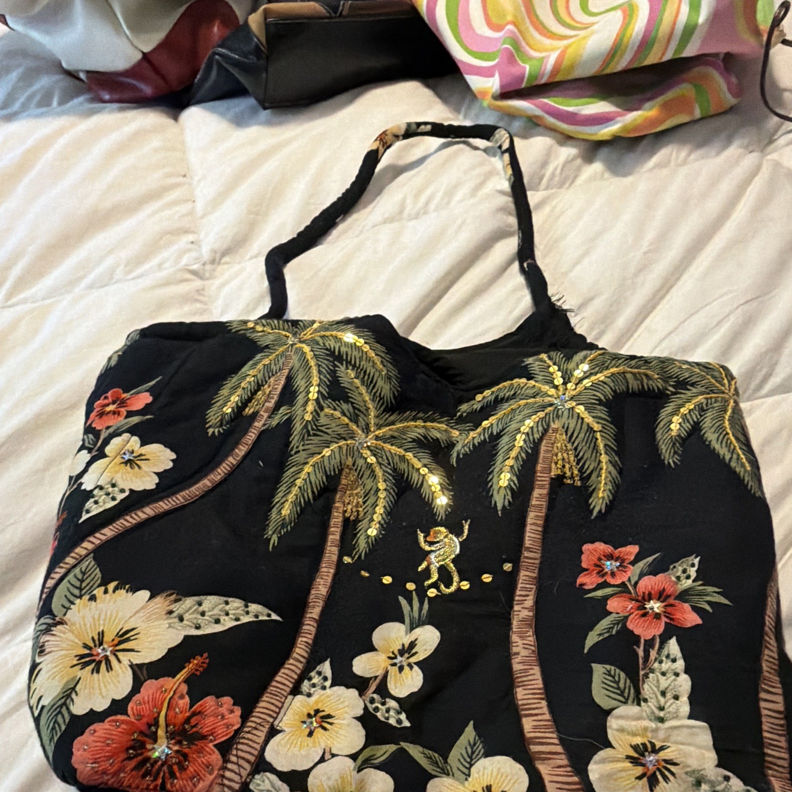 Bergdorf Goodman Black Tropical Embroidered Shoulder Bag Drawstring