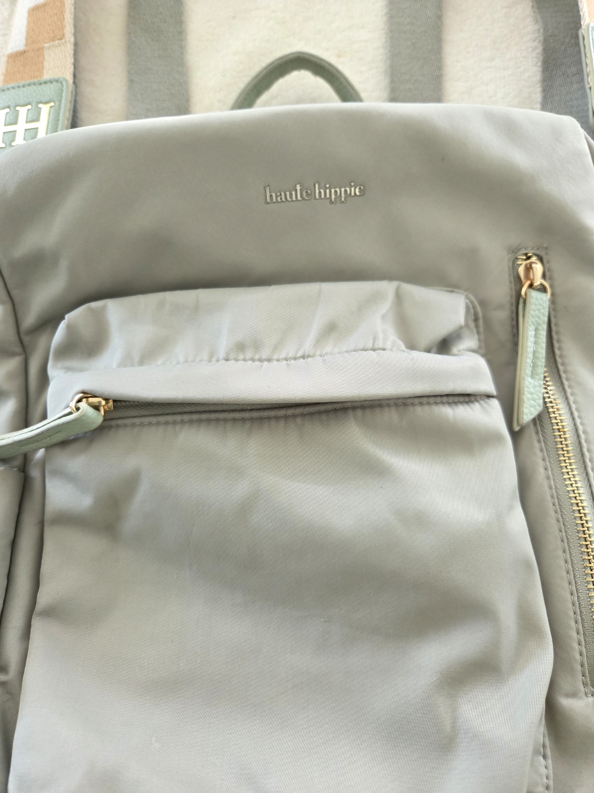 Haute Hippie On The Go Backpack Gray Green Nylon Diaper Bag Zip Pockets Zipper