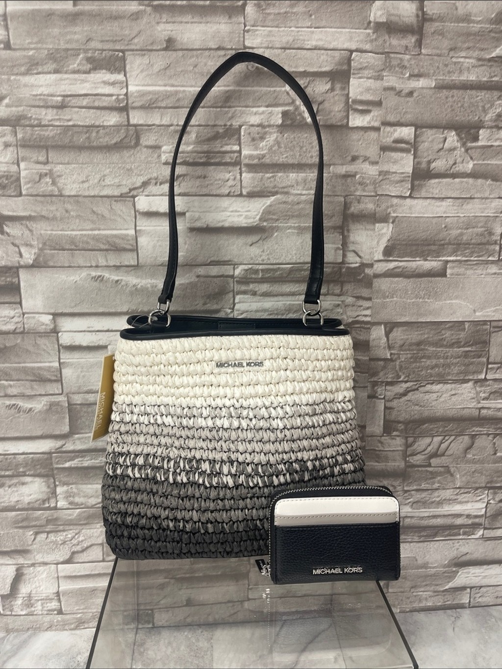 Michael Kors Pratt Ombré Woven Tote Bag & Matching Wallet Black White Gray