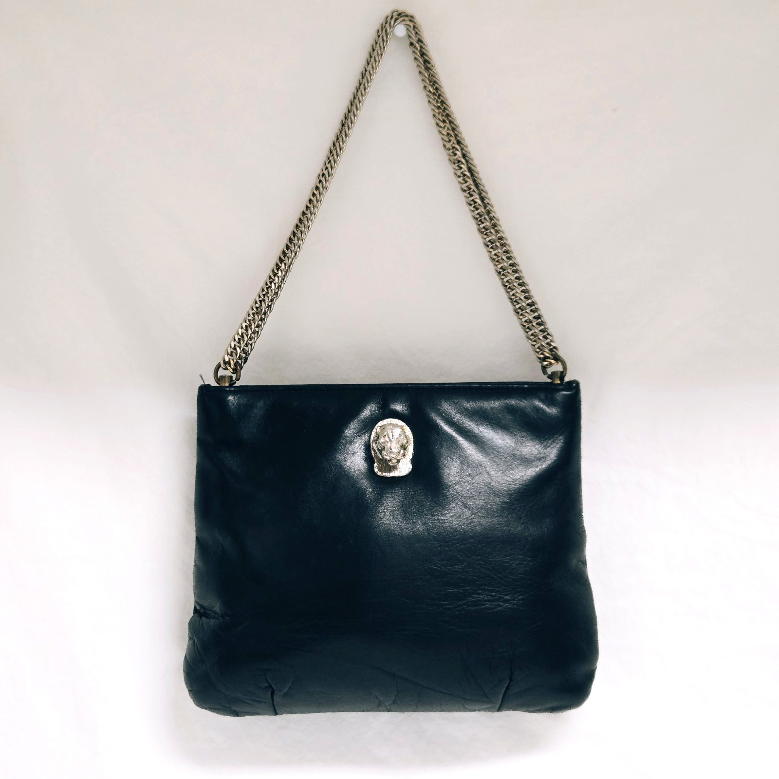 Ruth Saltz 1970s Leather Purse Handbag Cougar Motif Convertible Chain Hardware