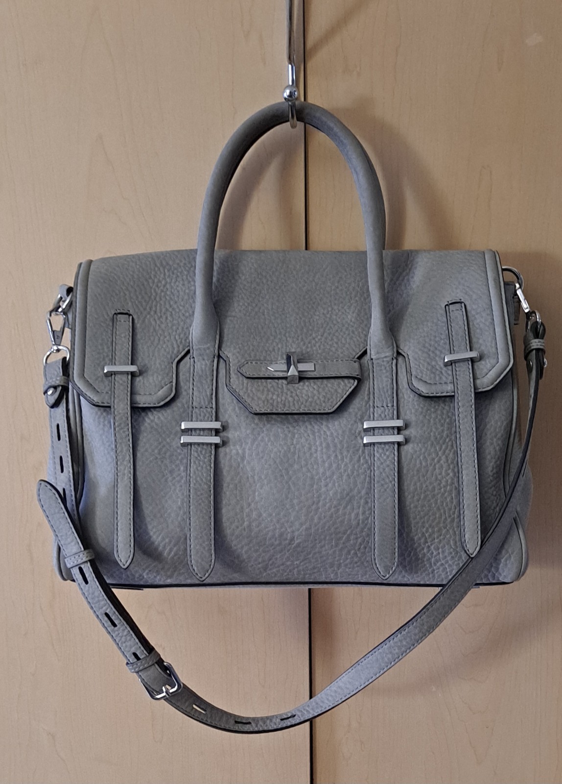 REBECCA MINKOFF JULES SATCHEL SHOULDER CROSSBODY NUBUCK DOVE GRAY W/SILVER $425