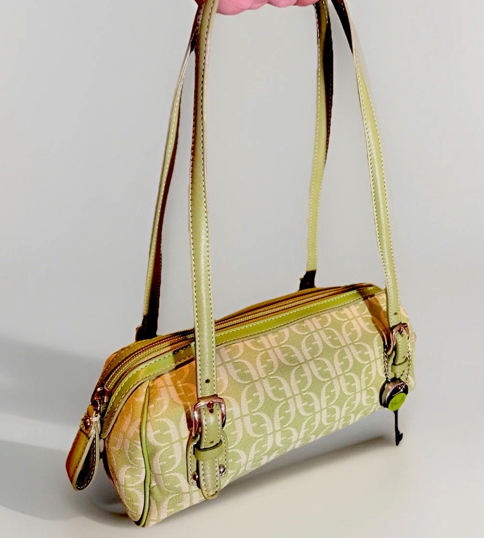 Fossil Rare Barrel Purse Lime Green Jaquard Logo Matching Key Leather Trim 🔥