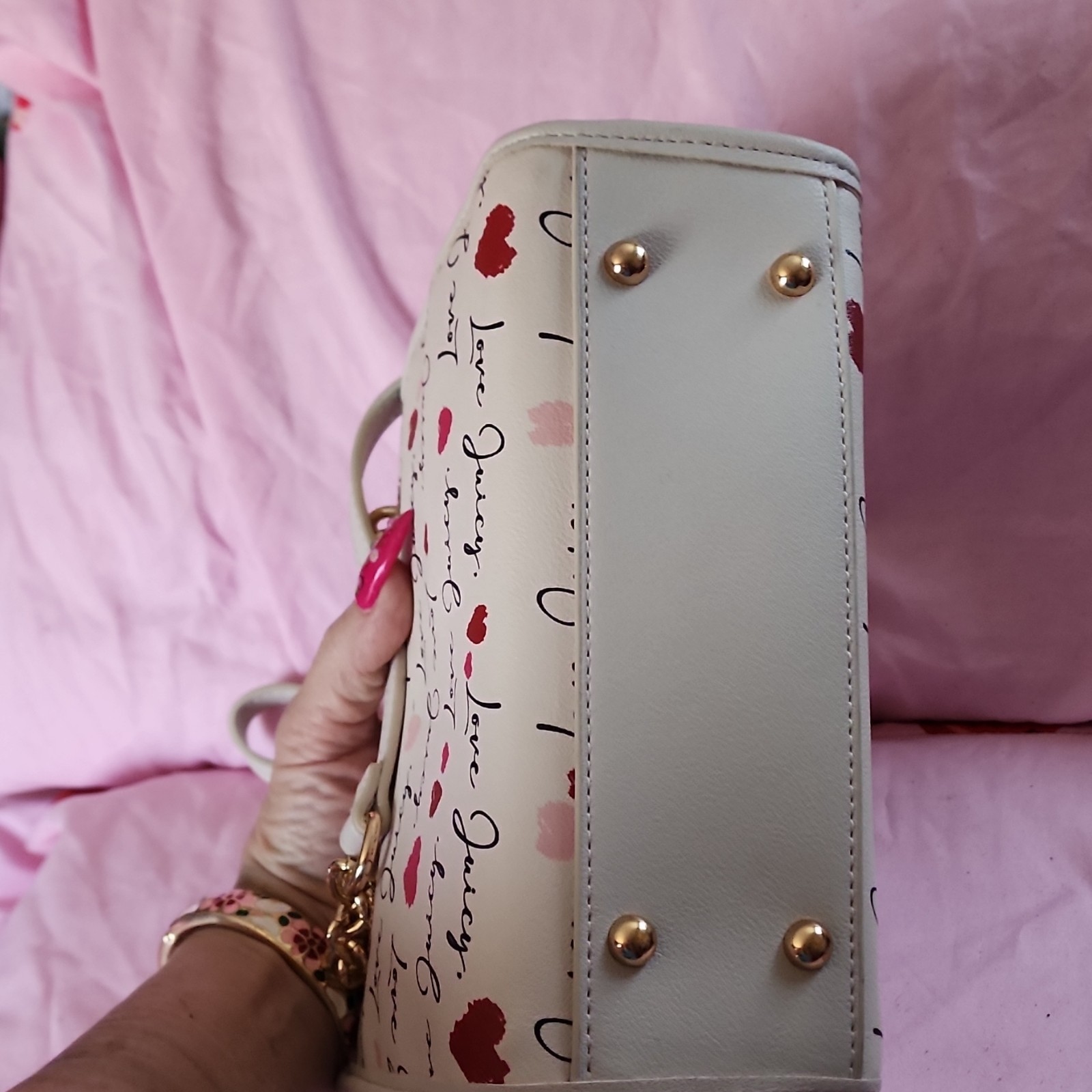Juicy Couture Heart Print Satchel White Gold Chain Detachable Strap Charm