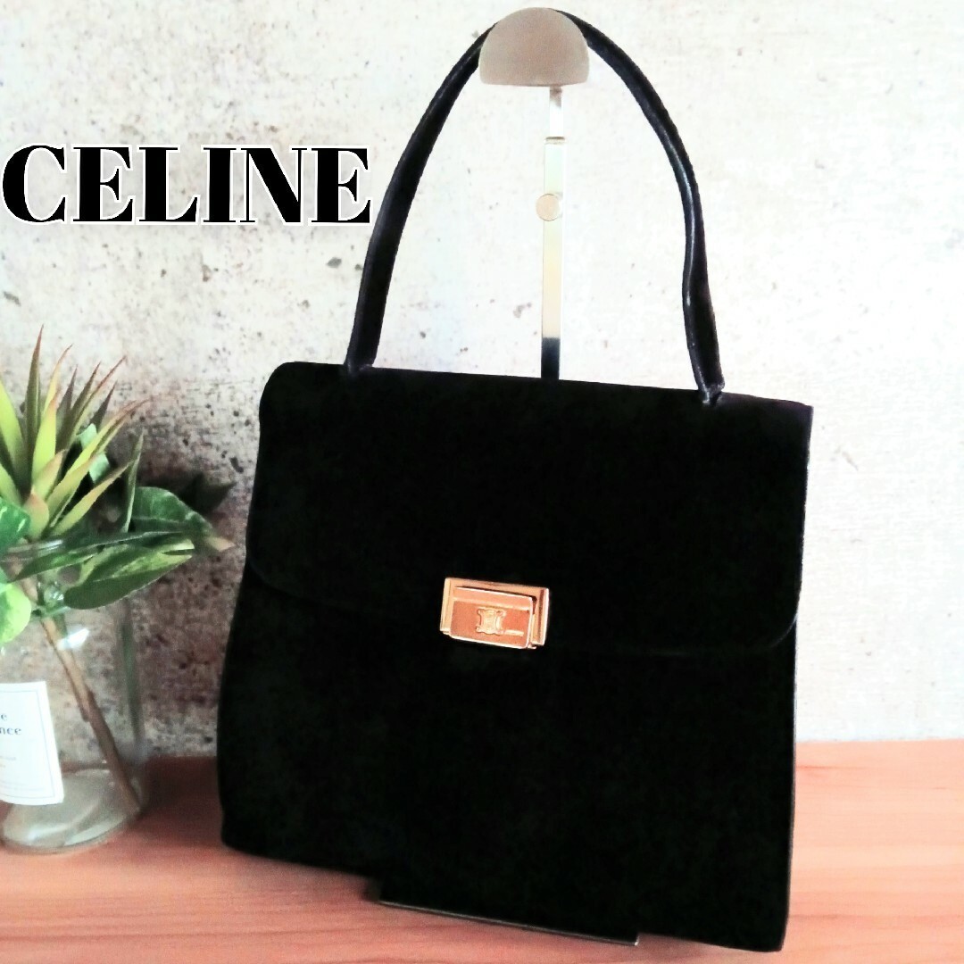 CELINE Triomphe Logo Top Handle Bag Tote Bag Shoulder Bag Suede Black Used