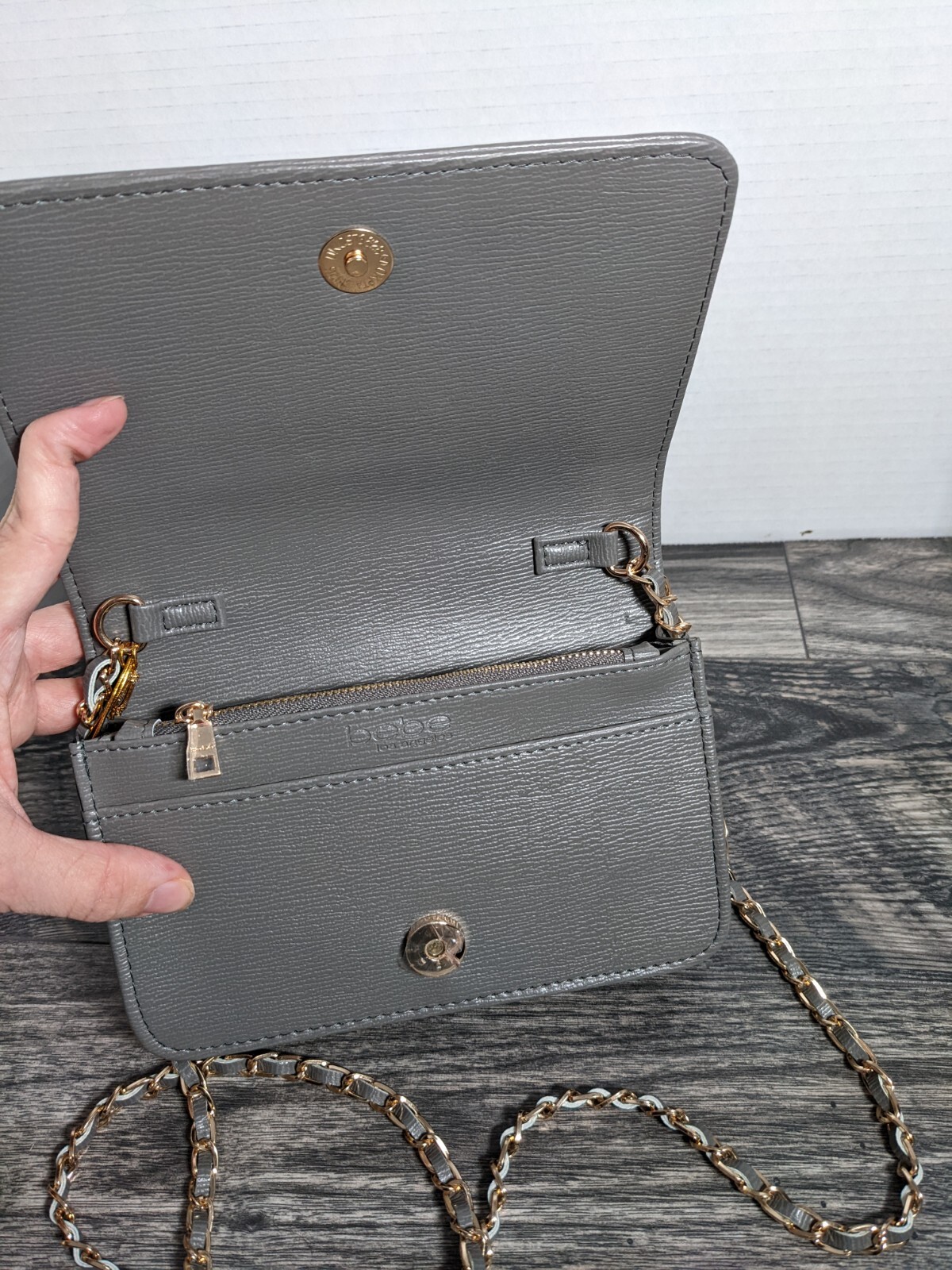 Bebe Fabiola Saffiano Gray Gold Crossbody Purse Mini Shoulder Bag NWT MSRP $69