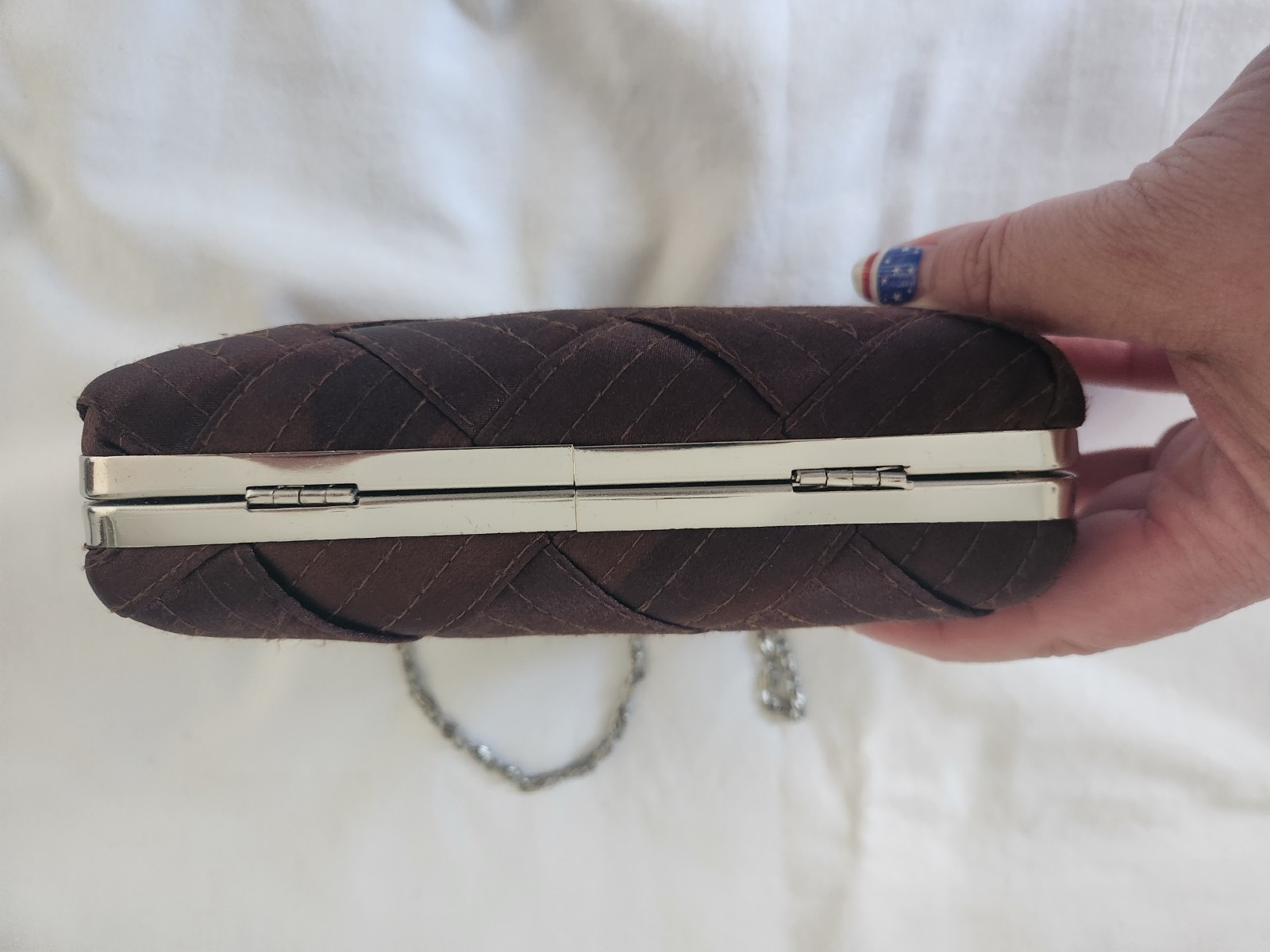 Brown Hard Case Clutch Silver Chain Strap, Clasp