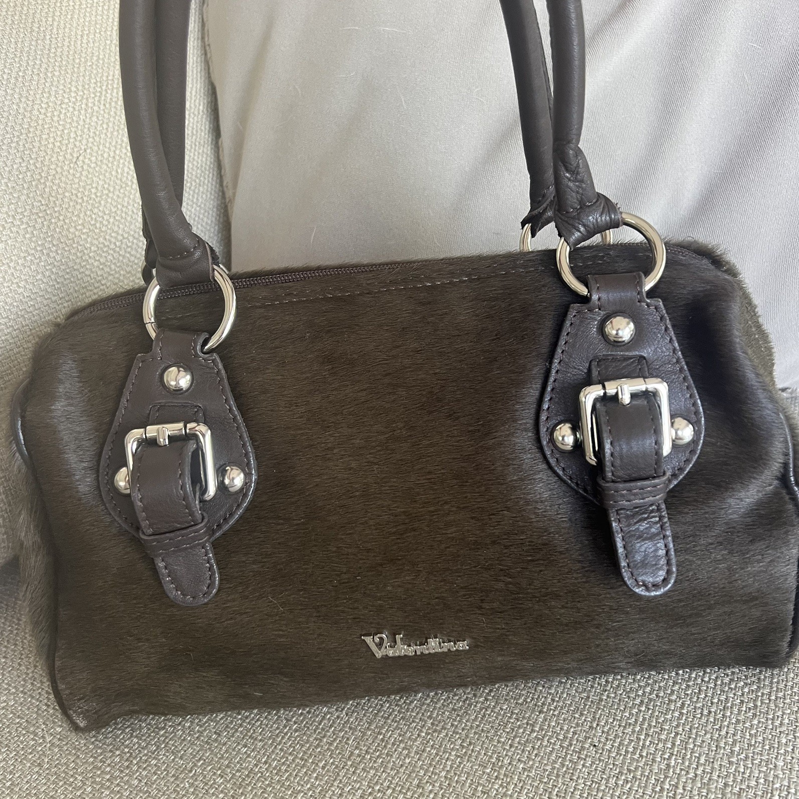 NWOT $268 VALENTINA Italy Vintage Brown Calf Hair Brown Leather Trim Handbag