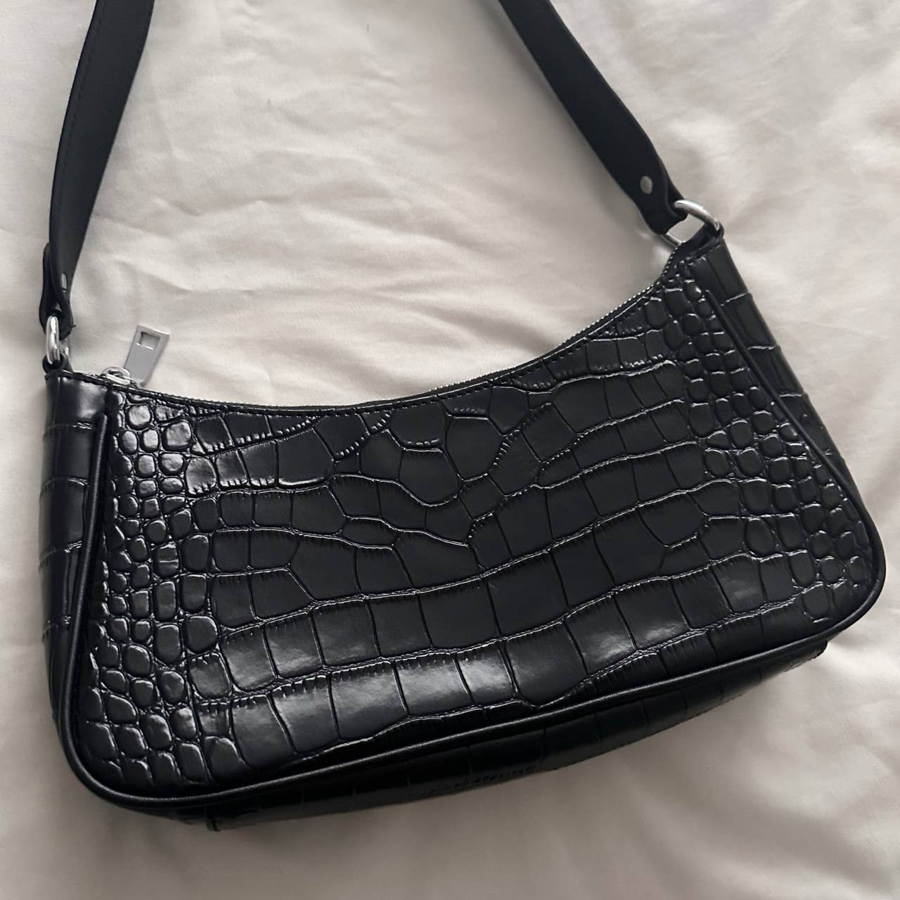S-Zone Black Croc Embossed Genuine Cow Leather Shoulder Bag Baguette Purse Y2K